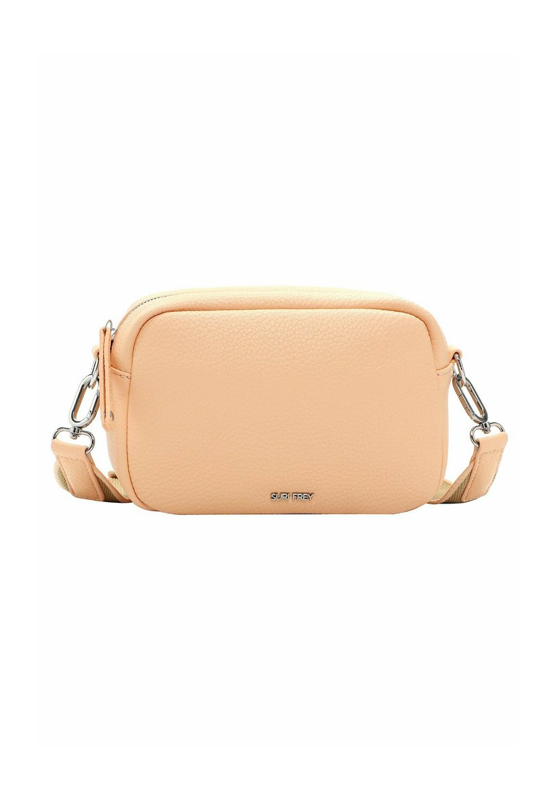 Borsa a tracolla color pesca realizzata in pelle testurizzata; forma rettangolare con chiusura a zip, tracolla regolabile e dettagli in metallo argentato.