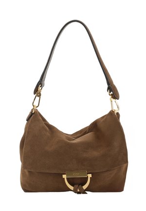 Brown suede shoulder bag with a single strap and gold-tone metal clasp and hardware details.