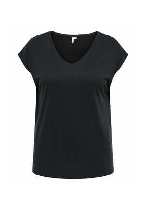 Camiseta negra de manga corta con escote en V, hecha de una tela suave con un corte relajado y dobladillo redondeado. Sin patrones ni acentos visibles.