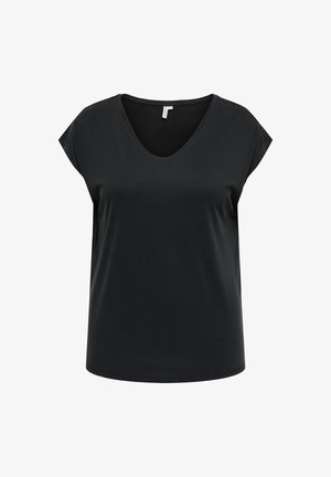 Camiseta negra de manga corta con escote en V, hecha de una tela suave con un corte relajado y dobladillo redondeado. Sin patrones ni acentos visibles.