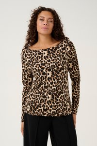 Haut à manches longues en imprimé léopard dans des tons beiges et bruns, avec un encolure large et une coupe ajustée, fabriqué dans un tissu lisse et extensible.
