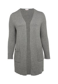 Grijze cardigan van zacht gebreid materiaal, met een V-hals, lange mouwen, open voorkant en twee voorzakken. Eenvoudig, gestructureerd ontwerp.