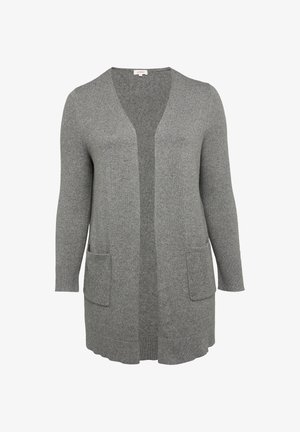 Grau farbener Cardigan aus weichem Strickmaterial, mit V-Ausschnitt, langen Ärmeln, offener Vorderseite und zwei Fronttaschen. Schlichtes, strukturiertes Design.