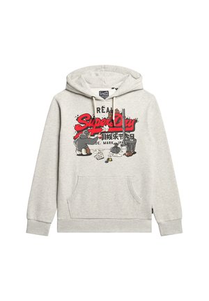 Felpa grigia chiara realizzata in tessuto morbido, caratterizzata da una stampa grafica con accenti rossi e neri. Inclusa una tasca a marsupio e un cappuccio regolabile con lacci.