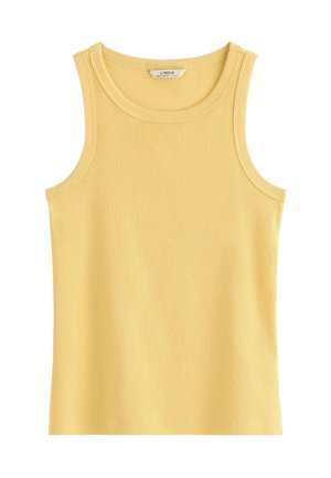 Ærmeløs gul ribbet tanktop med rund halsudskæring og Lindex-mærke indeni kraven.