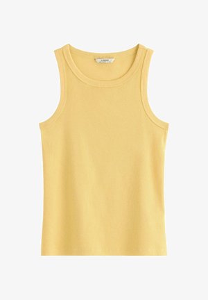Ærmeløs gul ribbet tanktop med rund halsudskæring og Lindex-mærke indeni kraven.