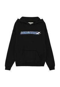 Zwarte hoodie van katoen met een kangeroezak. Heeft "LOWLIGHTS" in blauw-witte vlammende borduurwerk op de borst.