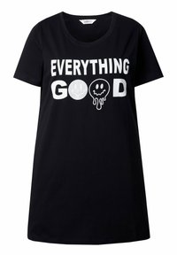 Czarny bawełniany T-shirt o luźnym kroju, z dekoltem w serek. Na przodzie znajduje się biały napis "EVERYTHING GOOD" oraz trzy zabawne motywy uśmiechniętych buziek.