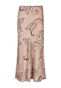 Hellrosa Rock mit fließendem Design, verziert mit Paisley-Mustern in Bordeaux, Blau und Silber. Glatte Textur und knielanger Schnitt.