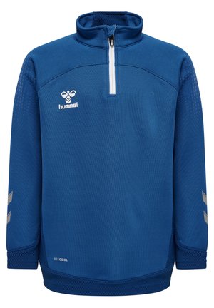 Blauwe half-zip sweatshirt met een textuurdesign, witte rits en reflecterende accenten. Bevat een logo op de borst en een mesh-patroon op de mouwen.