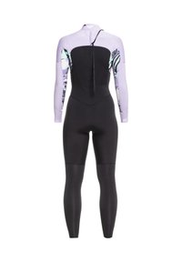 Shorty en néoprène noir avec des manches violettes claires. Les manches présentent un design à motifs avec des accents verts. Fermeture à zip à l'arrière.