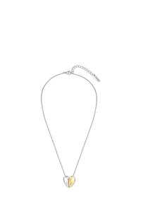 Srebrny i złoty wisiorek w kształcie serca na delikatnym łańcuszku, z podzielonym wzorem o polerowanych i matowych wykończeniach.