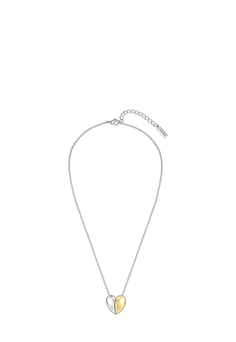 Sidabrinė ir auksinė širdies pakabukas ant delikaus grandinėlės, su padalinta dizaino struktūra, turinčia poliruotą ir matinį paviršių.