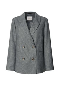 Blazer grigio doppiopetto con motivo a spina di pesce, con rever a punta e quattro bottoni marroni, mostrato su uno sfondo bianco.