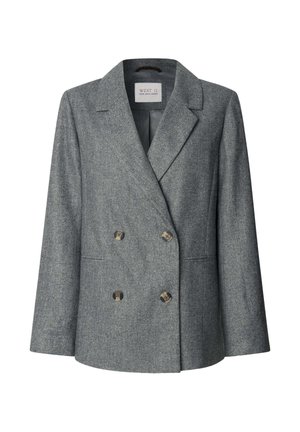 Blazer grigio doppiopetto con motivo a spina di pesce, con rever a punta e quattro bottoni marroni, mostrato su uno sfondo bianco.