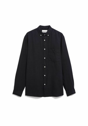 Schwarzes, langärmliges Hemd mit Knopfleiste, Kragen, weißen Knöpfen und einer linken Brusttasche mit einem kleinen gestickten Logo.