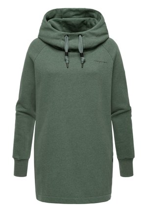 Robe sweat à capuche verte à manches longues avec une grande capuche à cordon et des poignets côtelés, avec une broderie subtile de la marque sur la poitrine.