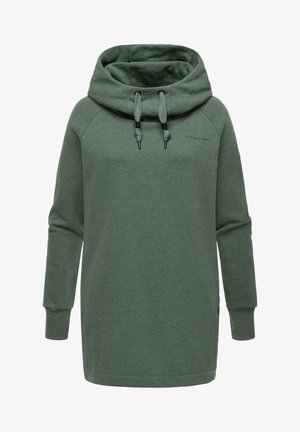 Robe sweat à capuche verte à manches longues avec une grande capuche à cordon et des poignets côtelés, avec une broderie subtile de la marque sur la poitrine.