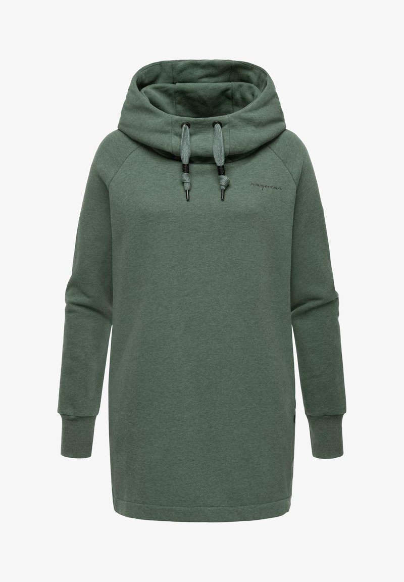 Robe sweat à capuche verte à manches longues avec une grande capuche à cordon et des poignets côtelés, avec une broderie subtile de la marque sur la poitrine.