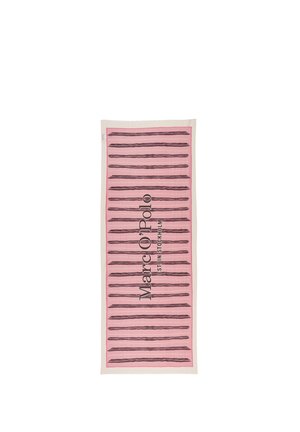 Sciarpa rettangolare rosa con strisce orizzontali nere e testo "Marc O'Polo" stampato verticalmente al centro.