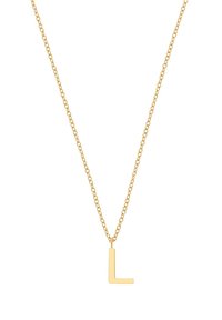 Kullatud kaelakee, millel on geomeetriline "L" ripats, kinnitatud õhukese, tekstuuriga kettiga. Lihtne disain, millel on poleeritud viimistlus.