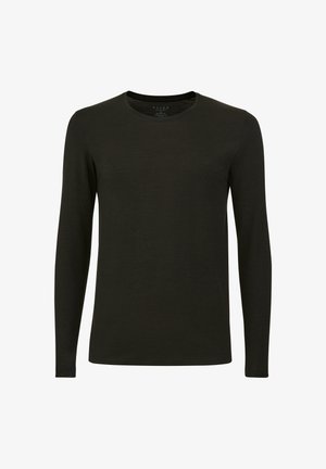 Schwarzes Langarmshirt aus weichem Stoff, mit rundem Halsausschnitt und einem schlichten, nahtlosen Design. Keine sichtbaren Muster oder Akzente.