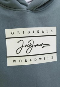 Sudadera con capucha en tono verde azulado apagado, con un logotipo impreso en blanco y negro. El diseño incluye acentos rectangulares y tipografía.