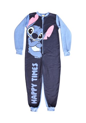 Pigiama intero per bambini con maniche e gambe blu, con un personaggio dei cartoni animati e la scritta "HAPPY TIMES" sul davanti.