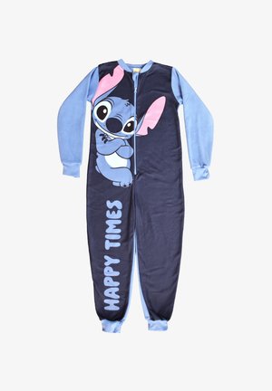 Pigiama intero per bambini con maniche e gambe blu, con un personaggio dei cartoni animati e la scritta "HAPPY TIMES" sul davanti.