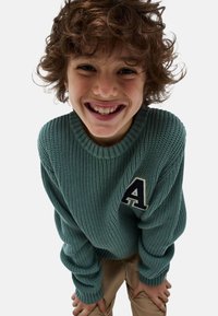 Pull en tricot vert menthe avec un col rond, portant un patch en forme de lettre "A" de couleur bleu foncé. Coupé ample avec des poignets et un ourlet côtelés.