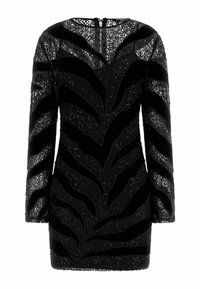Vestito corto nero con maniche lunghe, corpo in velluto con sovrapposizione di pizzo e decorazioni a onda con paillettes. Zip sul retro.