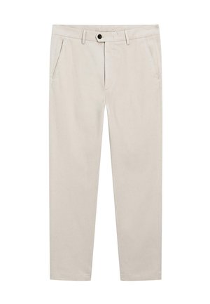 Beige Herren-Chinos mit Fronttaschen, Gürtelschlaufen, einer Knopfverschluss und einem Reißverschluss.