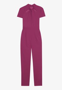Aansluitende jumpsuit in diepe magenta, korte mouwen, keyhole detail bij de hals, geplooide taille, taps toelopende benen, gemaakt van glad jersey materiaal.