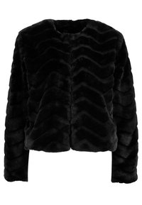 Veste en fausse fourrure noire à motif chevron, coupe carrée, encolure arrondie et manches longues. Texture douce, sans fermetures ni poches visibles.