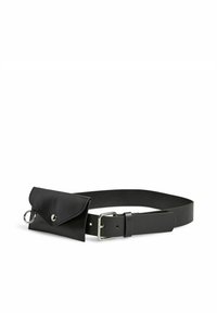 Melnas ādas josta ar priekšējo kabatu ar skrūvpogām, metāla gredzenu un sudraba toņa sprādzi. Gluda tekstūra un minimālisma dizains.