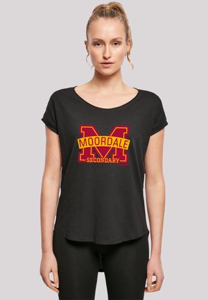 Black short-sleeve t-shirt featuring a bold red and yellow graphic that reads "MOORDALE SECONDARY" with a stylized "M" design.