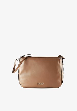 Sac bandoulière en cuir marron avec sangle réglable et logo doré « LIU·JO » sur le devant, présenté sur un fond blanc.