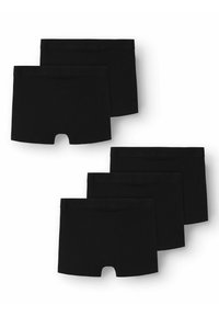 Cinq paires de boxers noirs en tissu doux, avec une ceinture lisse et un design à jambes courtes avec une fente.
