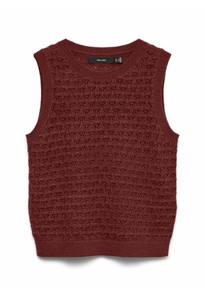 Varritud varrukateta kampsunvest tumepunasest lõngast, millel on tekstuuriga avatud mustriga sooniline kaelus ja ääred.