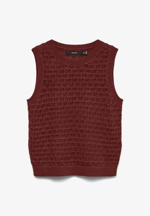 Varritud varrukateta kampsunvest tumepunasest lõngast, millel on tekstuuriga avatud mustriga sooniline kaelus ja ääred.