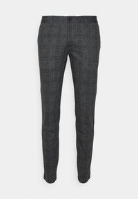 Pantalons ajustés à carreaux gris en tissu au toucher doux, dotés d'un devant plat, de passants de ceinture et d'une fermeture à bouton unique à l'avant.