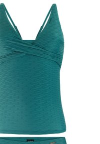 Siniroheaa tekstuurillista naisten tankini-uimapuvun yläosaa, jossa säädettävät olkaimet ja V-kaulustaskukohdistus.