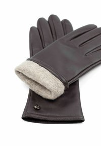 Leather gloves in dark brown with a beige wool cuff. Features include four seams on the back and a small metallic logo detail.