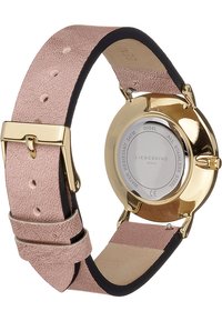Goldfarbene Uhr mit einem schlanken, runden Gehäuse und einem pinken Lederarmband mit strukturierter Oberfläche. Die Rückseite zeigt Details aus Edelstahl und Informationen zur Wasserbeständigkeit.