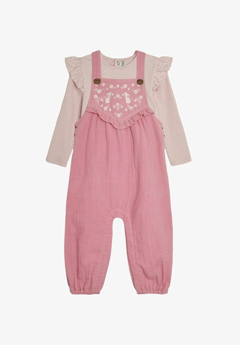 Rozā kokvilnas dūraiņi ar izšuvumu ziedu rakstā, plecu siksnām un pogu akcentiem, kombinēti ar saliktu garām piedurknēm ar punktiņiem.