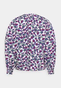 Blouse à manches longues avec un motif floral violet, bleu et vert sur fond blanc, avec des poignets froncés et des plis au dos.