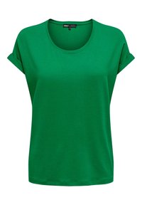 T-shirt vert à manches courtes avec poignets retroussés et col rond, présenté sur un fond blanc.