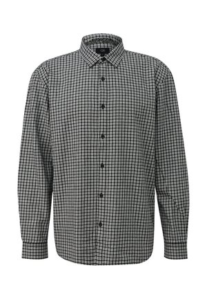 Black and white checked long-sleeve shirt with a button-up front, medium collar, and woven texture. Features black buttons and a relaxed fit.