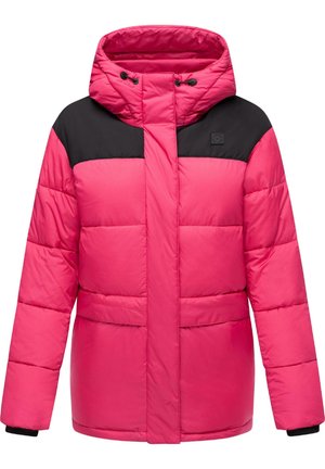 Roze gewatteerde jas met een zwart bovenpaneel, voorzien van een capuchon, een rits aan de voorkant en twee voorzakken. De stof lijkt soepel met een lichte textuur.