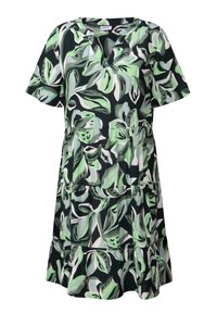 Sukienka z krótkim rękawem w czarnym kolorze z zielonym i białym wzorem liści, z dekoltem w kształcie litery V i wielowarstwowym krojem spódnicy. Wykonana z lekkiego materiału.